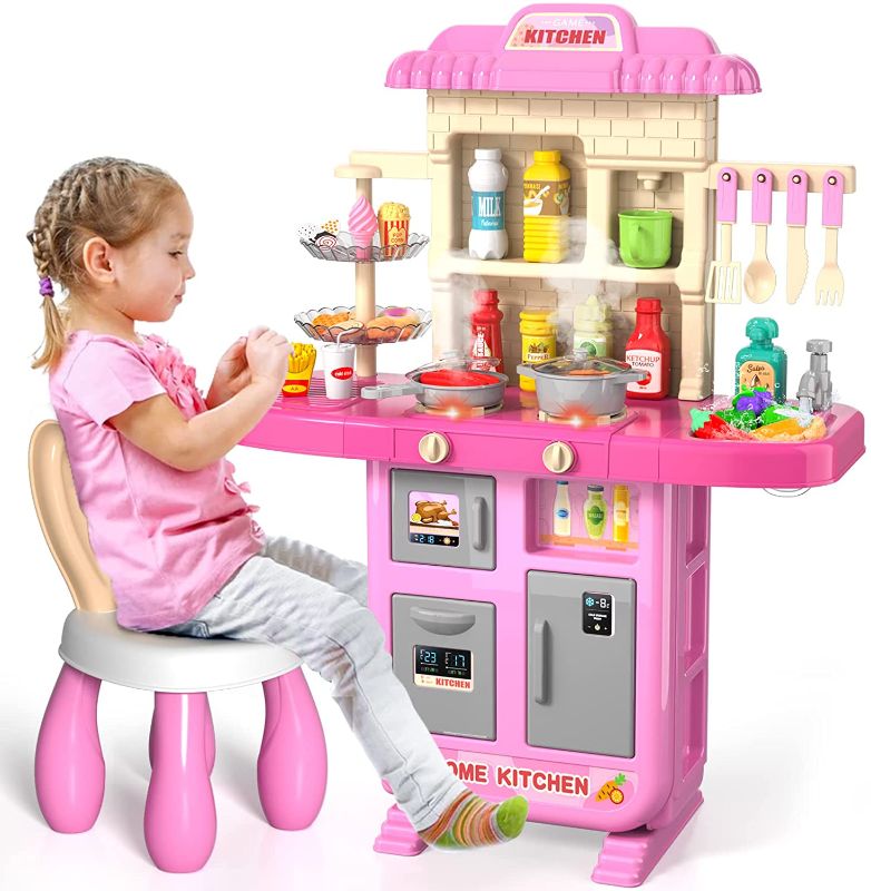 Photo 1 of Kids Play Kitchen Playset for Toddlers Girls, Toy Kitchen Sets Pretend Play Food Toy with Chair for Girls Kids Ages 3-8, Kitchen Accessories Set with Light Sound Spray, for Kids Girls Toddlers
