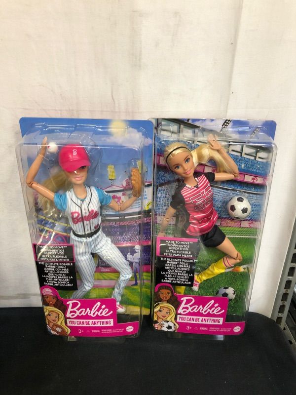 Photo 3 of 2PC LOT, Barbie Made to Move Baseball Player Doll with Baseball & Mitt Doll Playset, Barbie Made to Move Soccer Player Doll Ultra Flexibility & Soccer Ball