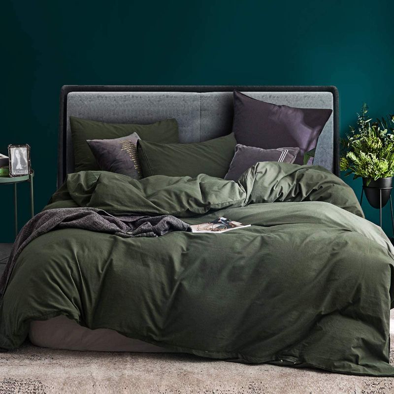 Photo 1 of ECOCOTT 3 Pieces Duvet Cover Set Queen 100% Washed Cotton 1 Duvet Cover with Zipper and 2 Pillowcases, Ultra Soft and Easy Care Breathable Cozy Simple Style Bedding Set (Avocado Green)
