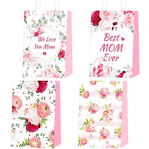 Photo 1 of 16 Pack Mother's Day Gift Bags, Best Mom Floral Gifts Bags Kraft Paper Bag Recyclable Gift Bags with Handle for Mothers Day or Women Birthday Party Decorations