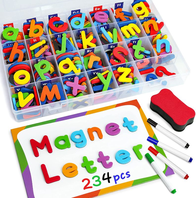 Photo 1 of Coogam Magnetic Letters 234 Pcs , Uppercase Lowercase Foam Alphabet ABC Fridge Magnets, Educational Toy Set for Classroom Kids Learning Spelling with Magnetic Board and Storage Box
