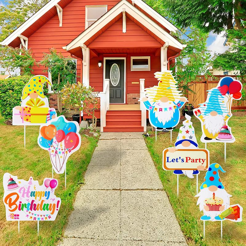 Photo 1 of Dongzhur 7Pcs Happy Birthday Gnomes Yard Signs with 14 Stakes, Bday Lawn Outdoor Party Decor Kids Birthday Party Decoration Supplies for Outdoor Lawn Walkway 14 x 14 Inch
