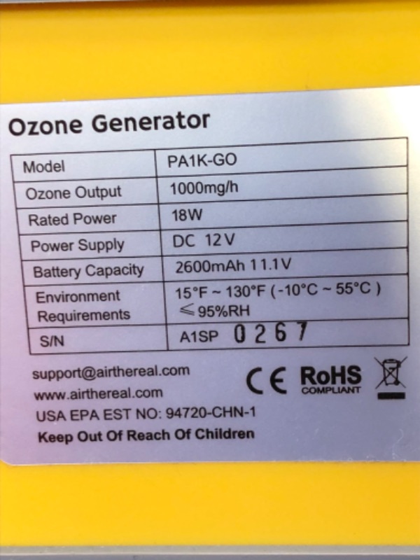 Photo 1 of Airthereal PA1K-GO 1,000mg/h Portable Ozone Generator - Cordless Battery Powered Odor Eliminator for Car, Hotel Rooms, Offices, Bathrooms, and Small Spaces(Yellow)
