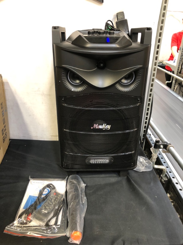 Photo 2 of Moukey Karaoke Machine, Outdoor Speaker 10" Subwoofer PA System, Portable Bluetooth Speaker with Wireless Microphone, Remote, Disco Lights and Wheels, Bass Boost, Supports TWS/REC/AUX/MP3/USB/TF/FM
