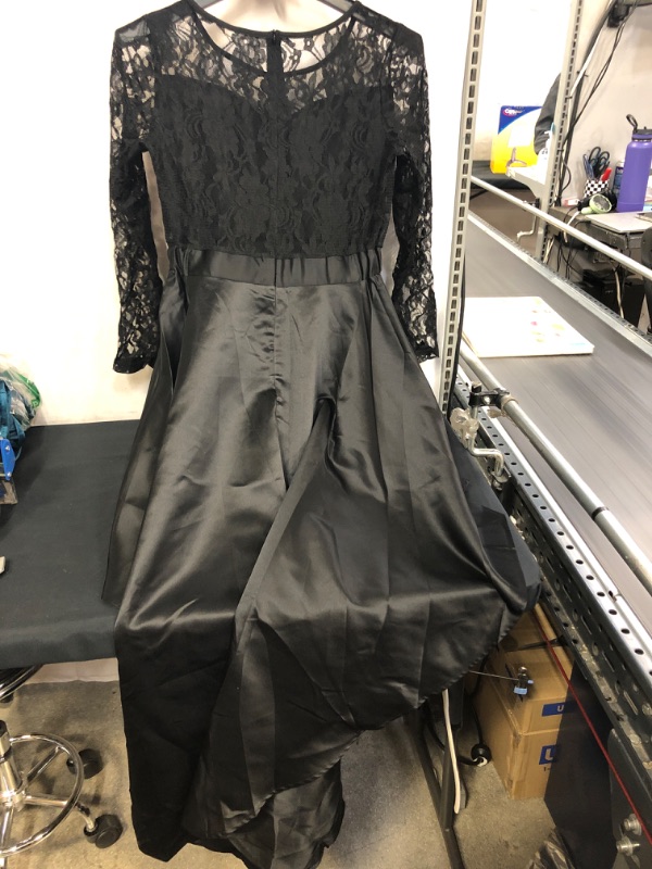 Photo 2 of BLACK LACE LONG SLEEVE DRESS, LONG IN THE BACK SHORT IN THE FRONT, SIZE IS UNKNOWN, LOOKS LIKE A SIZE LARGE 