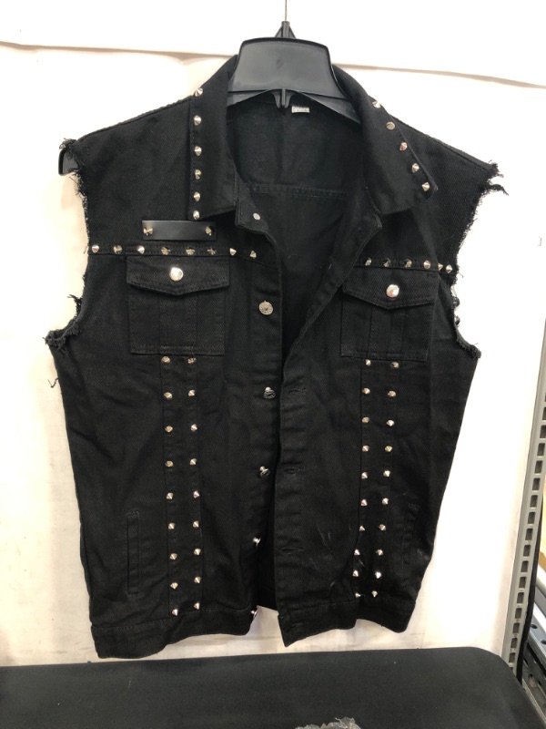 Photo 1 of MENS BLACK STUDDED BLACK JEAN VEST, SIZE UNKNOWN, LOOKS LIKE A SIZE S/M