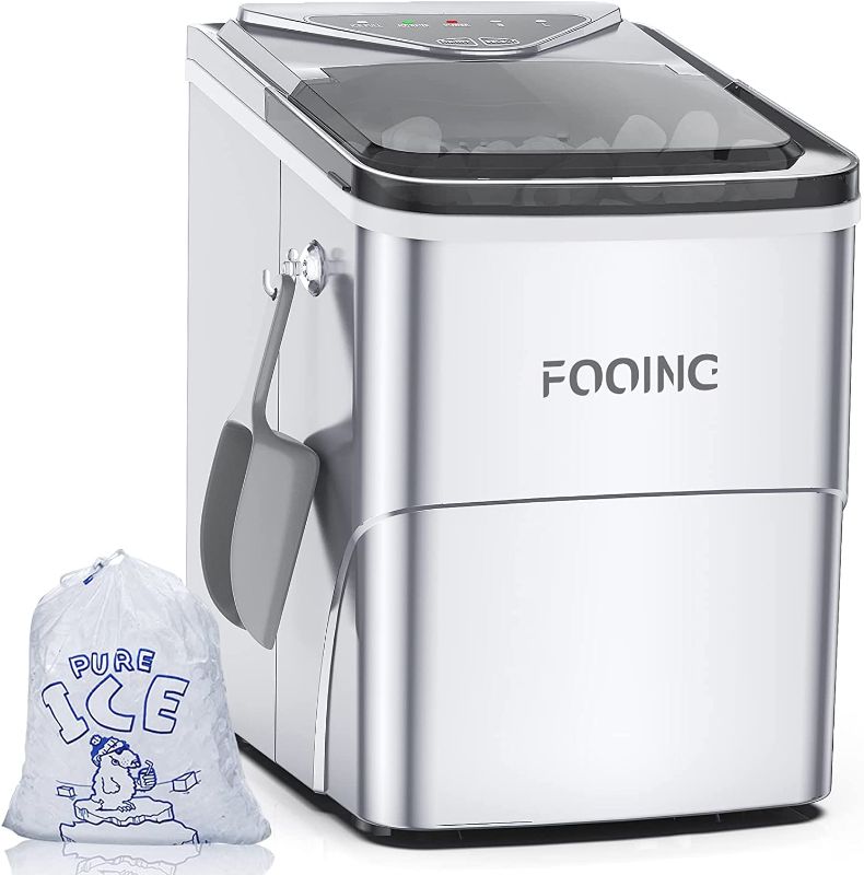 Photo 1 of FOOING Ice Makers Countertop, Self-Cleaning Function, 26lbs 24Hrs, 9 Cubes Ready in 7mins with LED Display for Parties Mixed, Portable Ice Cube Maker with Ice Bags and Ice Scoop Basket (Silver)
