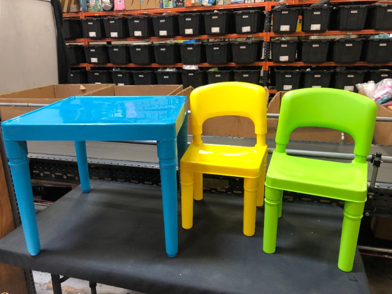 Photo 2 of Humble Crew, Aqua Table & Green/Yellow Kids Lightweight Plastic Table and 2 Chairs Set, Square, Toddler
