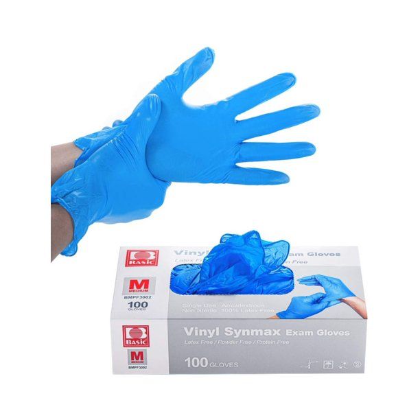 Photo 1 of 2 PK Synmax Basic Vinyl Exam Gloves, Blue, Large, Box of 100 **Box damage, product fine**
