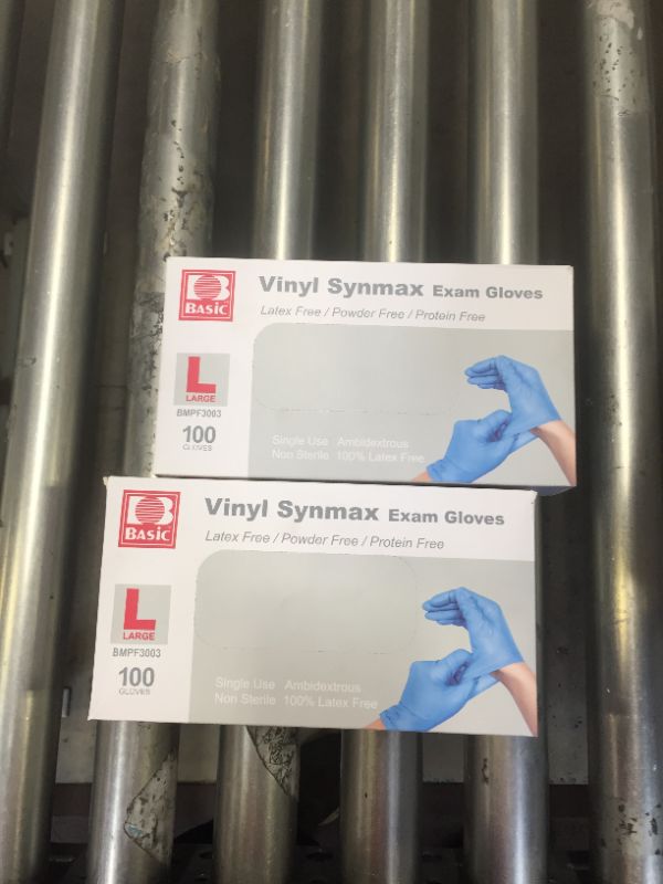 Photo 2 of 2 PK Synmax Basic Vinyl Exam Gloves, Blue, Large, Box of 100 **Box damage, product fine**
