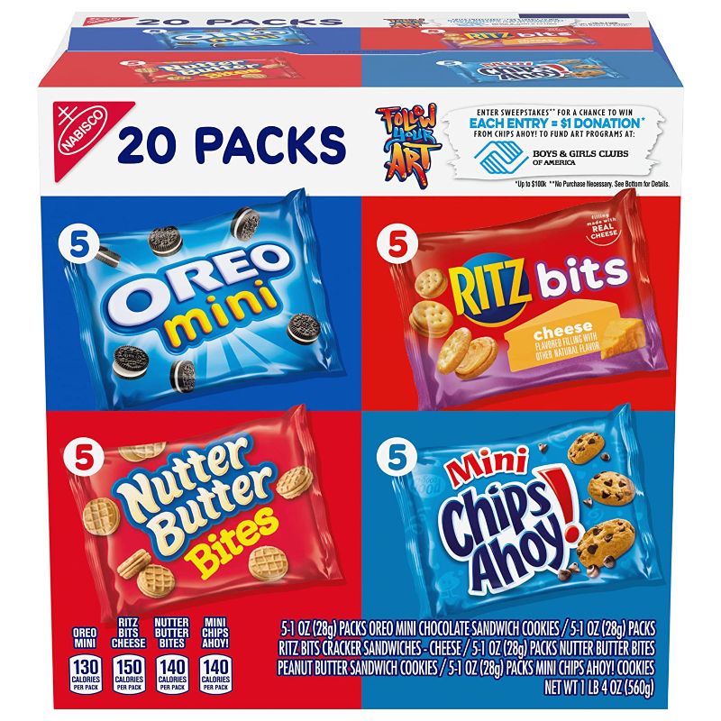 Photo 1 of 4 PK Nabisco Classic Mix Variety Pack, OREO Mini, CHIPS AHOY! Mini, Nutter Butter Bites, RITZ Bits Cheese, 20 - 1 oz Snack Packs (Packaging May Vary) BEST BY 5/2021
