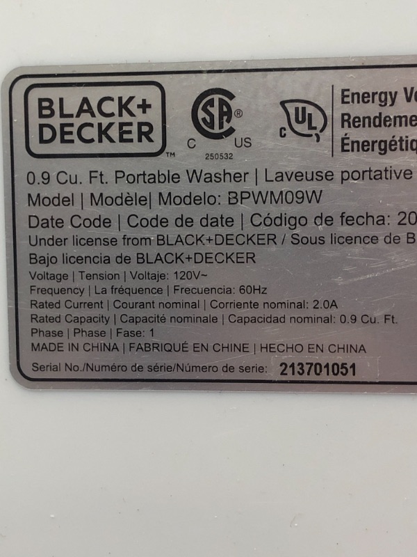 Photo 4 of Portable Laundry Washing Machine by BLACK+DECKER, Compact Pulsator Washer for Clothes, .9 Cubic ft. Tub, White, BPWM09W
