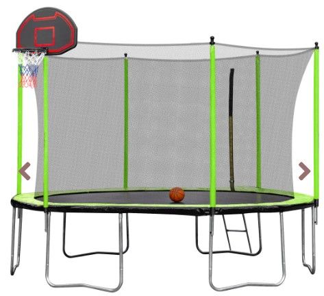 Photo 1 of 14FT Trampoline with Basketball Hoop Inflator and Ladder(Inner Safety Enclosure) Green  -BOX B ONLY-- MISSING BOX A--
