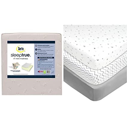 Photo 1 of Delta Children Serta SleepTrue Mini Crib Mattress, White & American Baby Company 100% Natural Cotton Value Jersey Knit Fitted Portable/Mini-Crib Sheet, Grey Star/Zigzag, 24" x 38" x 5", Pack of 3
