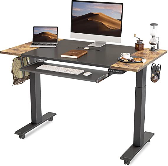 Photo 1 of FEZIBO Dual Motor Height Adjustable Electric Standing Desk with Keyboard Tray, 48 x 24 Inch Sit Stand Table with Splice Board, Black Frame/Rustic Brown and Black Top
DAMAGE TO BOX, BUT ALL BOXES INSIDE ARE FACTORY SEALED, EVERYTHING IS NEW.