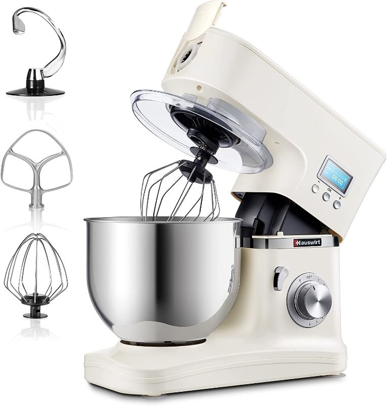 Photo 1 of HAUSWIRT Stand Mixer, 5.3 QT Tilt-Head Kitchen Electric Dough Mixers, 8-Speed with LCD Display Timer, Dishwasher-Safe Stainless-Steel Bowl, Hook, Beater & Whisk, 1000W Peak Power, White
