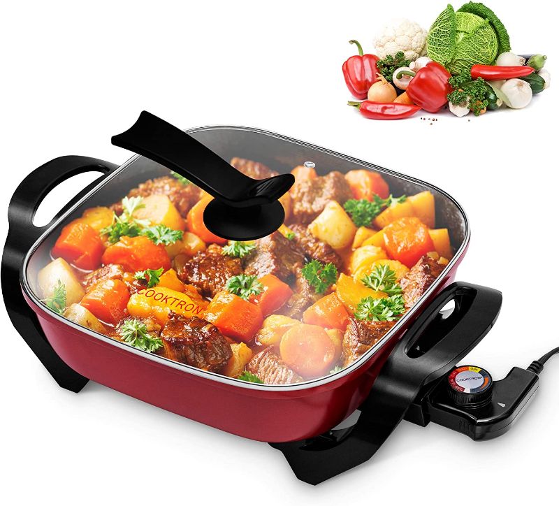 Photo 1 of COOKTRON Nonstick Electric Skillet, 12" Square Electric Pan with Glass Lid & Temperature Control Electric Cooker for Grill, Simmer, Steam and Stew, 5.2QT, Red
