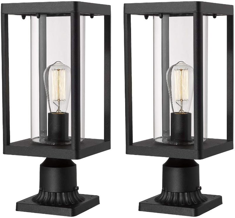 Photo 1 of Beionxii Outdoor Post Lantern | Set of 2 Modern Exterior Pillar Lamp with 3-Inch Pier Mount Base, Sand Textured Black Cast Aluminum with Clear Cylinder Glass - A291P-2PK
