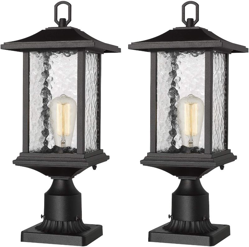 Photo 1 of Beionxii Outdoor Post Lights | 2 Pack Exterior Pillar Lantern Pole Lamp with 3" inch Pier Mount Base, Sand Textured Black Cast Aluminum with Water Glass (8"W x 20.5"H) - A272P-2PK
