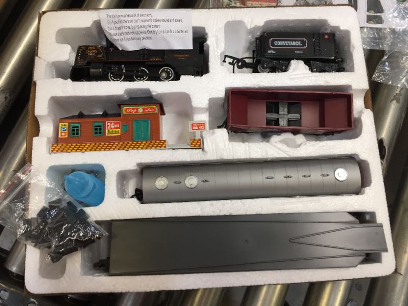 Photo 2 of Electric Classical Train Set with Steam Locomotive Engine, Cargo Car and Long Track, Battery Power Play Set w/ Smoke, Light and Sounds, for Boys & Girls 3 4 5 6 7 Years
