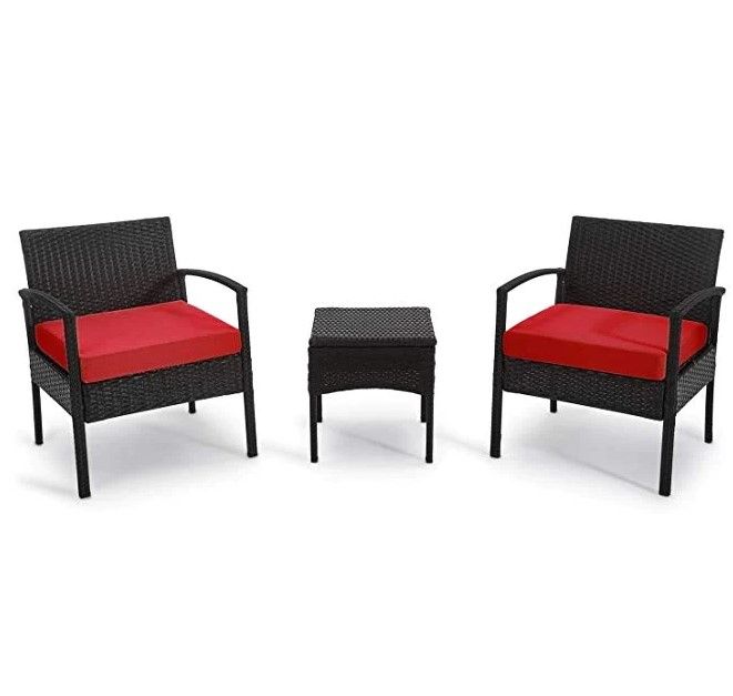 Photo 1 of `SmileMart Modern 3-Piece Bistro Set with Rattan Chairs and Table for Outdoor Patio or Balcony, Black with Red