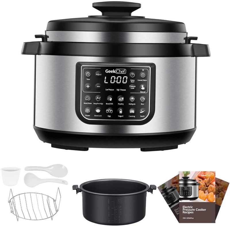 Photo 1 of Geek Chef 8 Qt 12-in-i Multiuse Programmable Electric Pressure Cooker Oval, Slow Cooker, Rice Cooker, Steamer, Sauté, Yogurt Maker and Warmer, Non-Stick Pot Has Cool-Touch Handles, EZ-Lock (GP80Plus)
used / dirty