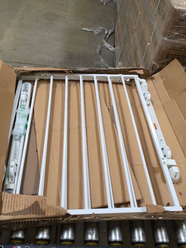 Photo 1 of Generic White Metal Baby Gate. Not In Original Box Packaging. Box Packaging Damaged, Hardware Not in OG Packaging. Missing Hardware