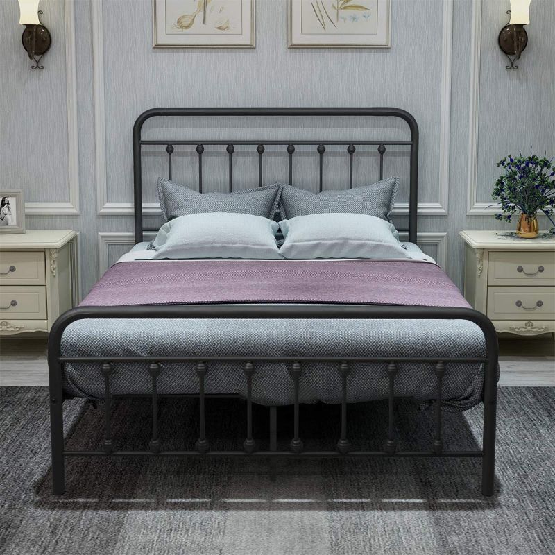 Photo 1 of  Metal Full Size Bed Frame Platform with Vintage Headboard and Footboard Sturdy Premium Steel Slat Support No Box Spring Needed, Textured Black
