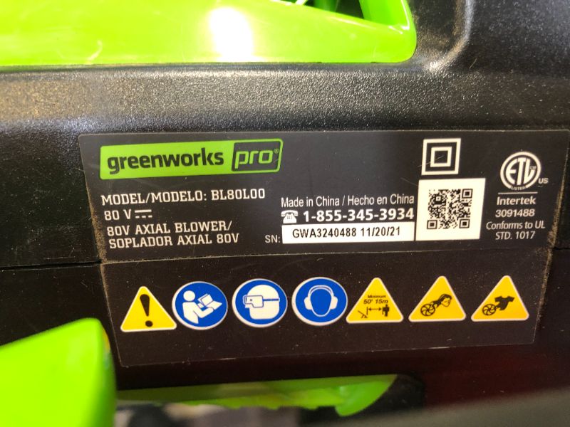 Photo 4 of Greenworks Pro 80V (145 MPH / 580 CFM) Brushless Cordless Axial Blower, Tool Only BL80L01
