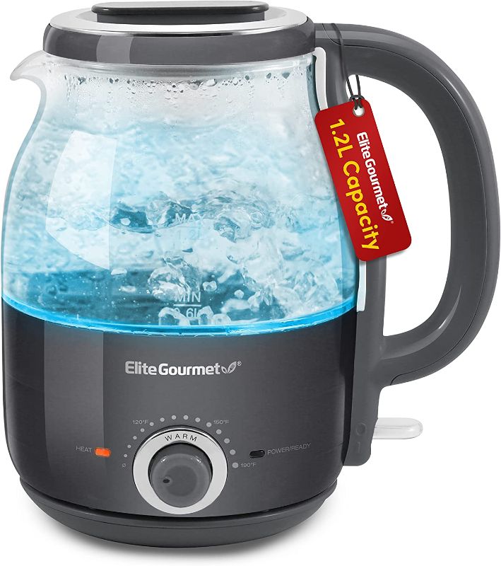 Photo 1 of Elite Gourmet EKT1220DG 1.2L Electric BPA-Free Glass Kettle, Temperature Dial Keep Warm Function, Cordless 360° Base, Blue LED Interior, Auto Shut-Off Function – Quick Boil, Dark Gray
