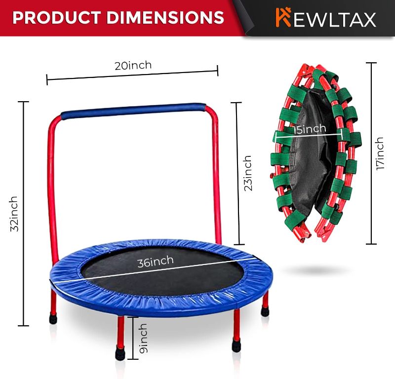 Photo 1 of Kids Trampoline Portable & Foldable 36 Inch Round Jumping Mat for Toddler Durable Steel Metal Construction Frame with Padded Frame Cover and Handle Bar
