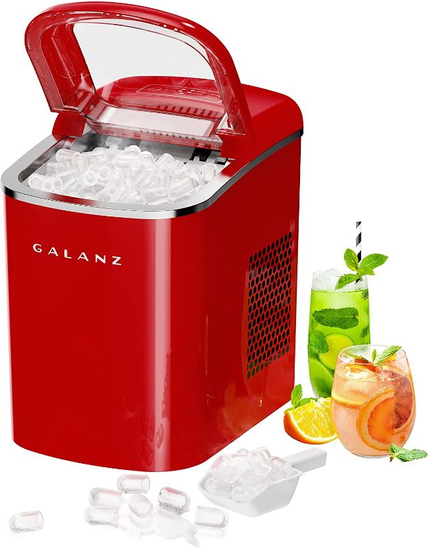Photo 1 of Galanz Portable Countertop Electric Ice Maker Machine, 26 lbs in 24 Hours, 9 Bullet Shaped Cubes Ready in 9 Minutes, 2 Ice Sizes, Perfect for Parties & Home Bar, 2.1 L, Retro Red
