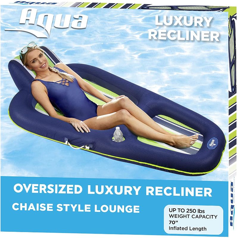 Photo 1 of Aqua Luxury Pool Float Lounge – Extra Large – Heavy Duty, Inflatable Pool Floats for Adults with Headrest, Backrest, Footrest & Cupholder – Navy/Green/White Stripe
