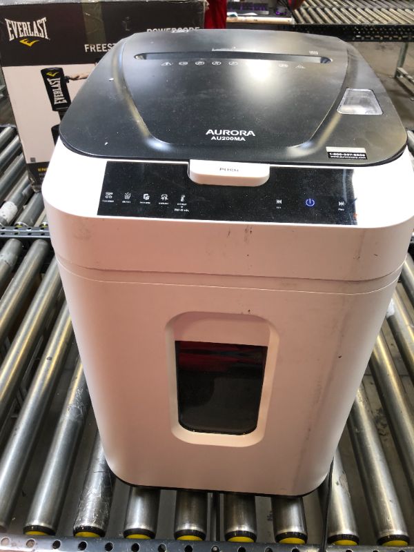 Photo 2 of Aurora Commercial Grade 200-Sheet Auto Feed High Security Micro-Cut Paper Shredder/ 60 Minutes/ Security Level P-5---ITEM IS DIRTY FROM EXPOSURE/NEEDS TO BE CLEANED---HAS MINOR SCRATHCES FROM EXPSOURE AND SHIPPING---RIGHT SIDE PANNEL IS OUT OF PLACE---