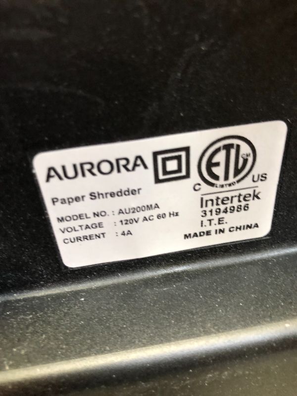 Photo 11 of Aurora Commercial Grade 200-Sheet Auto Feed High Security Micro-Cut Paper Shredder/ 60 Minutes/ Security Level P-5---ITEM IS DIRTY FROM EXPOSURE/NEEDS TO BE CLEANED---HAS MINOR SCRATHCES FROM EXPSOURE AND SHIPPING---RIGHT SIDE PANNEL IS OUT OF PLACE---