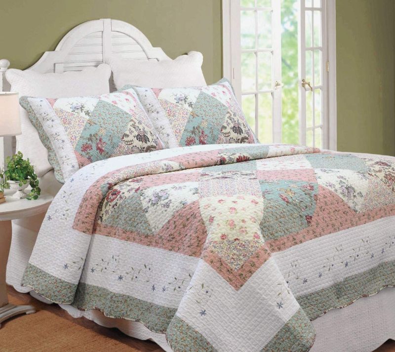 Photo 1 of Cozy Line Home Fashions Floral Real Patchwork Green Peach Scalloped Edge Country 100% Cotton Quilt Bedding Set, Reversible Coverlet Bedspread (Celia, King - 3 Piece)