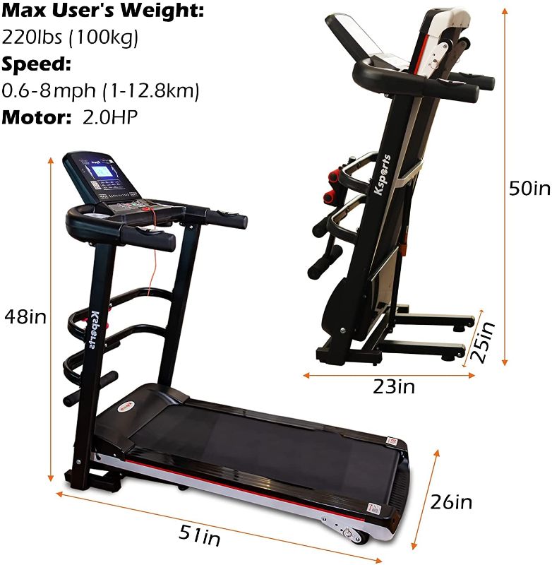 Photo 2 of Ksports Treadmill Bundle Comprising of Electric Folding Incline Treadmill with Auto/Manual Incline Sit Ups Rack & Ab Mat, Dumb Bells for Home Office Gym Small Spaces, Running Machine with Smart APP
