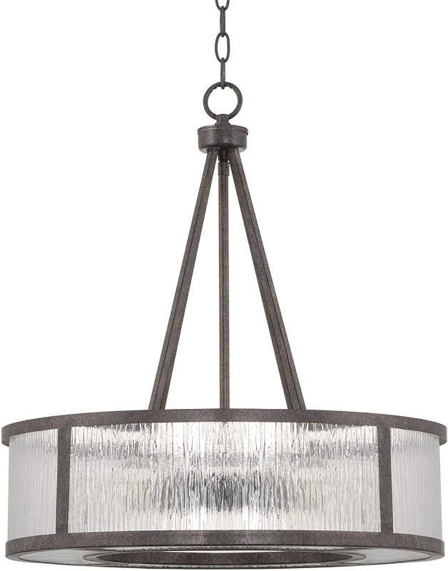 Photo 1 of Kira Home Cheyenne 20" 4-Light Modern Drum Chandelier + Rippled Glass Panel Shade, Galvanized Steel Finish
