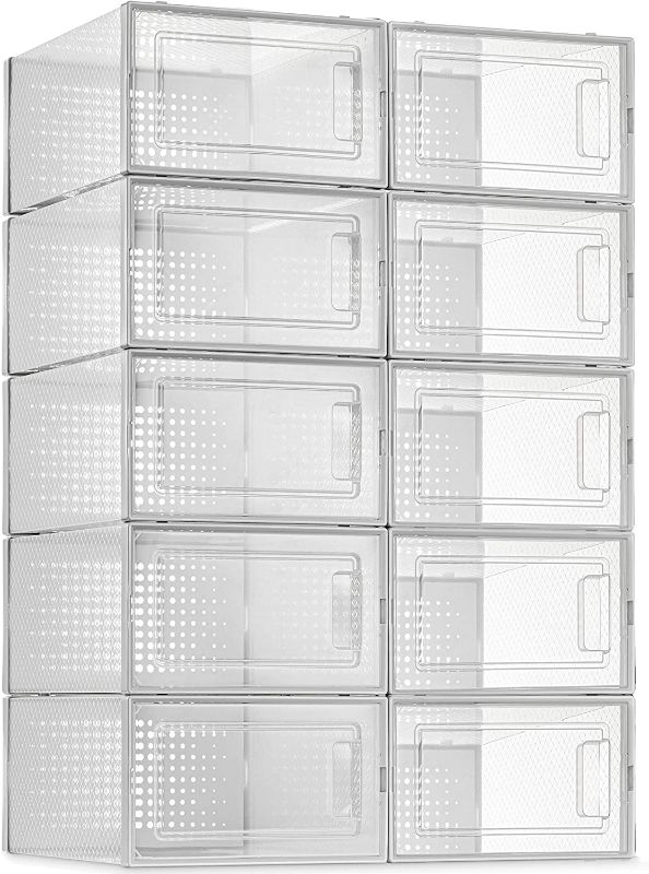 Photo 1 of 10 Pack Shoe Storage Boxes, Clear Plastic Stackable Shoe Organizer Bins, Drawer Type Front Opening Sneaker Shoe Holder Containers
