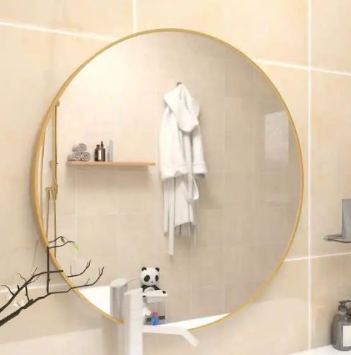 Photo 1 of 32 in. W x 32 in. H Large Round Metal Framed Wall Mounted Bathroom Vanity Mirror in Gold
