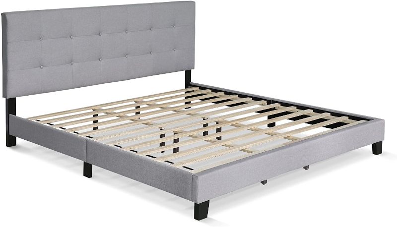 Photo 1 of Furinno Laval Button Tufted Upholstered Platform Bed Frame, King, Glacier
