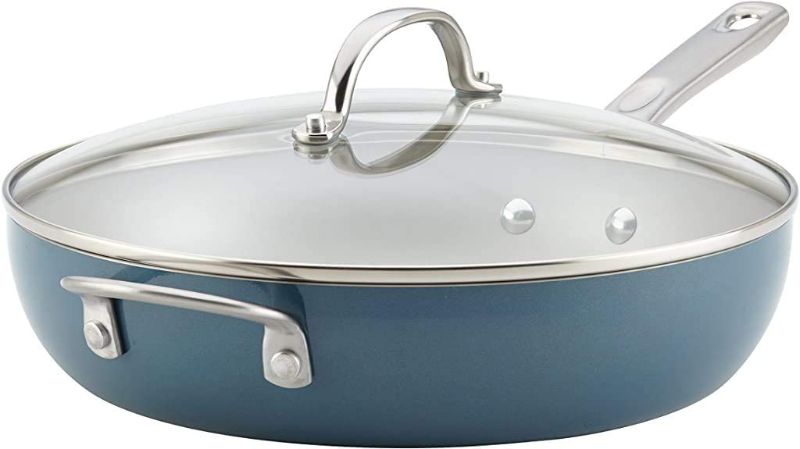 Photo 1 of Ayesha Curry Home Collection Porcelain Enamel Nonstick Covered Deep Skillet With Helper Handle, 12 Inch Frying Pan with Glass Lid, Twilight Teal
