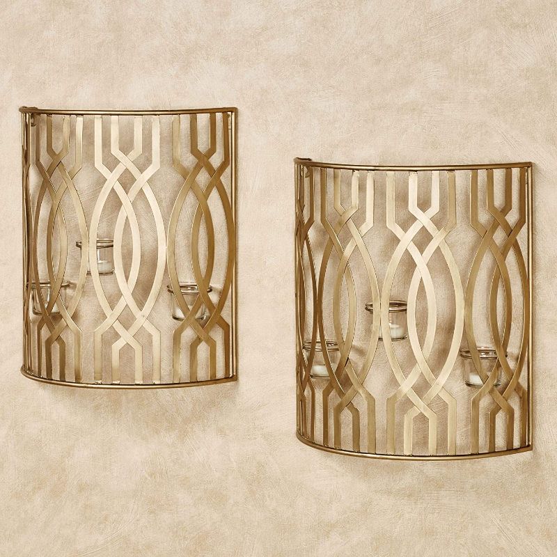 Photo 1 of Byanca Wall Candleholders Satin Gold Pair - Set of Two - Art Deco Inspired Style - Unique Wall Decor for Bedroom, Dining, Living Room - Tealight Candlecups - Curved Design Classic Lighting
