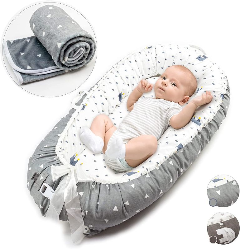 Photo 1 of GTa13 Baby Lounger with Blanket for Newborn, Baby Nest Co- Sleeper Bed for Babies, Bassinet Ultra Soft and Breathable 100% Cotton for Napping and Traveling (Grey-Crown) 33.4"L x 20.47"W

