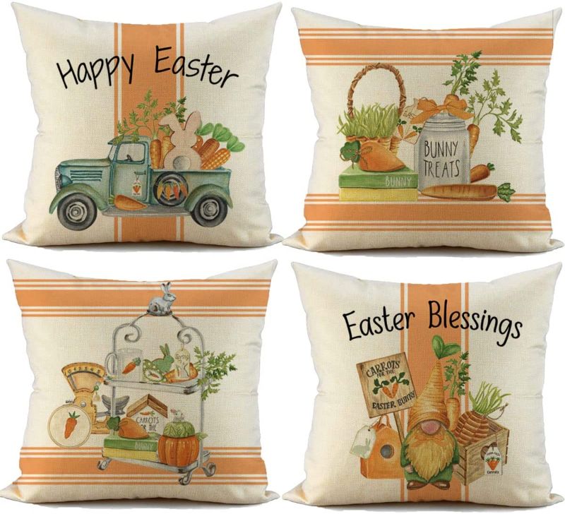 Photo 1 of  Easter Pillowcase 18x18 4 Piece Set Happy Easter Decor Family Hello Spring Easter Truck Easter Pillow Decor Throw Pillow Farmhouse Easter Decor
