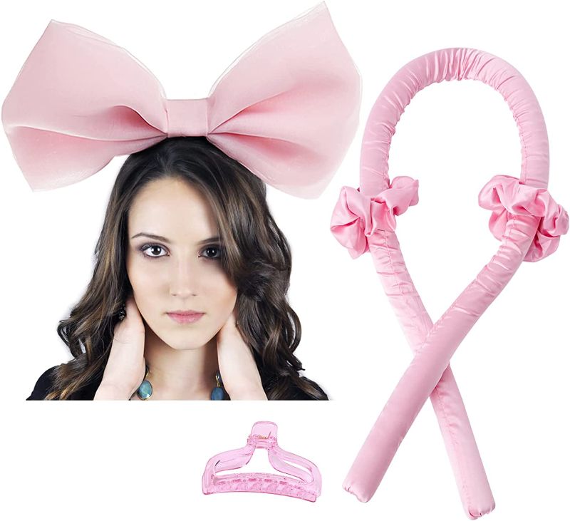 Photo 1 of Bow Headband Bow Headband for Parties and Cosplay + Hair Iron No Heat Curling Ribbon Curling Iron Headband * Overnight Soft Foam for Ladies and Girls (Pink)
