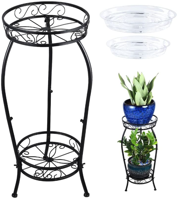 Photo 1 of 2 Tier Metal Plant Stand 26.6 Inches Tall Plant Stand for Indoor and Outdoor Plants Black Plant Holder Plant Table Flower Stand Tiered Plant Pot Stand with 2 Plant Saucers
