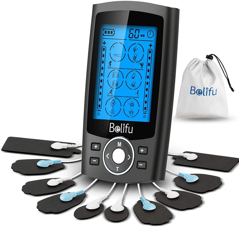 Photo 1 of Belifu Dual Channel TENS EMS Unit 24 Modes Muscle Stimulator for Pain Relief Therapy, Electronic Pulse Massager Muscle Massager with 10 Pads, Dust-Proof Drawstring Storage Bag?Fastening Cable Ties…
