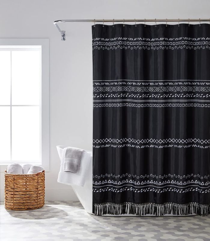 Photo 1 of Artisyne Black Boho Stall Shower Curtain with Tassel,Simple Geometric Fabric Modern Farmhouse Bathroom Curtain Sets with Hooks,Reinforced Metal Grommets,Waterproof and Easy Care? (60" Wx72 H, Black)
