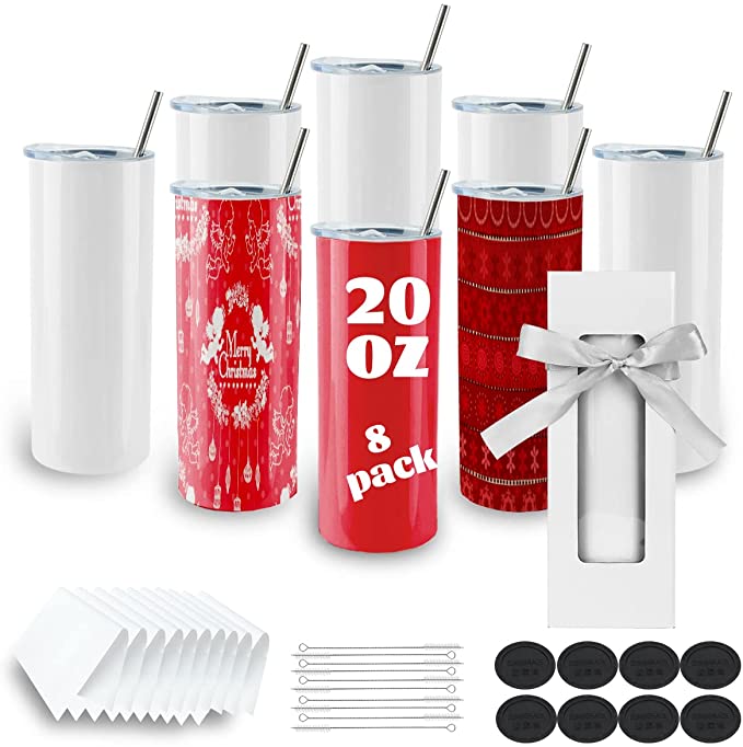 Photo 1 of 8 Pack Sublimation Tumblers bulk 20 oz Skinny,Stainless Steel Double Wall Insulated Straight Sublimation Tumbler Cups Blank White with Lid, Straw, Individually Boxed,Polymer Coating for Heat Transfer